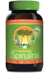 Cyanotech Co Pure Hawaiian Spirulina supplement bottle, 180 tablets, supports immunity and cardiovascular health.