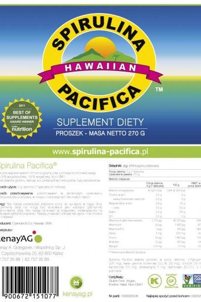Cyanotech Co Spirulina Pacifica dietary supplement label featuring nutrition details and 270g packaging.