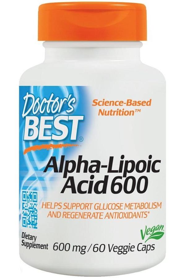 Doctor's Best Alpha Lipoic Acid 600 mg supplement bottle with vegan veggie caps for energy production and antioxidant support.