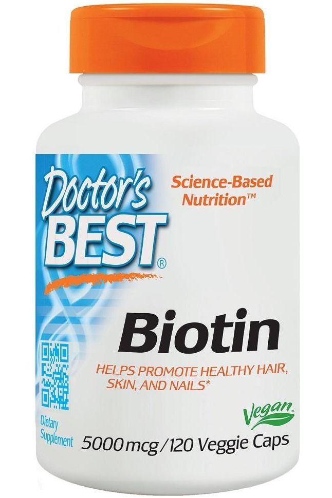 Doctor's Best Biotin bottle, 5000mcg, 120 veggie caps for healthy hair, skin, and nails.