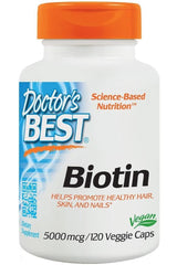 Doctor's Best Biotin bottle, 5000mcg, 120 veggie caps for healthy hair, skin, and nails.