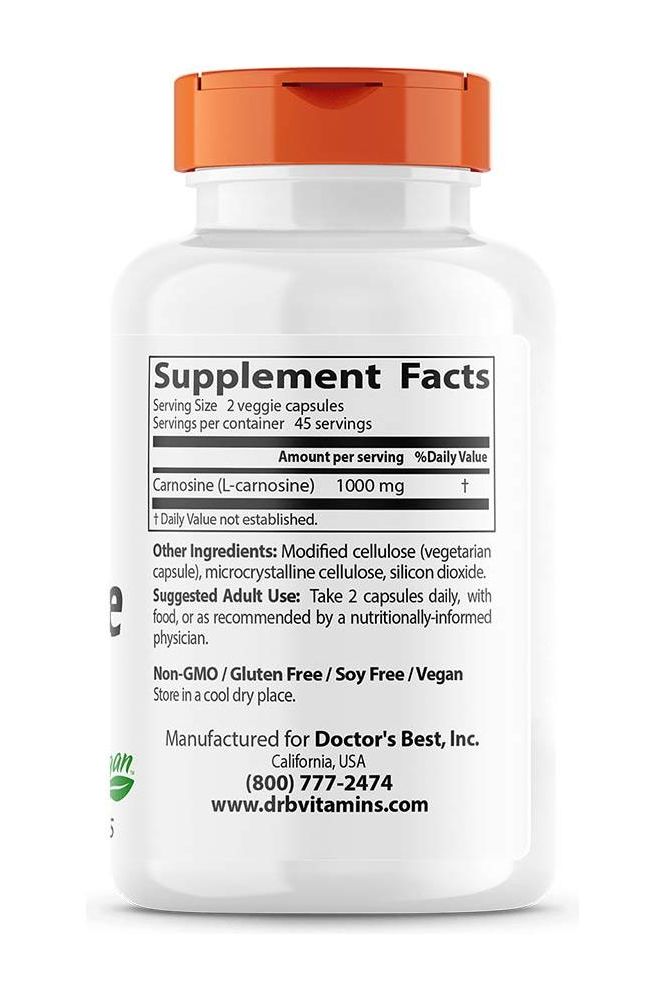 Doctor's Best Carnosine supplement bottle showing serving facts and ingredients, featuring 90 veggie capsules.