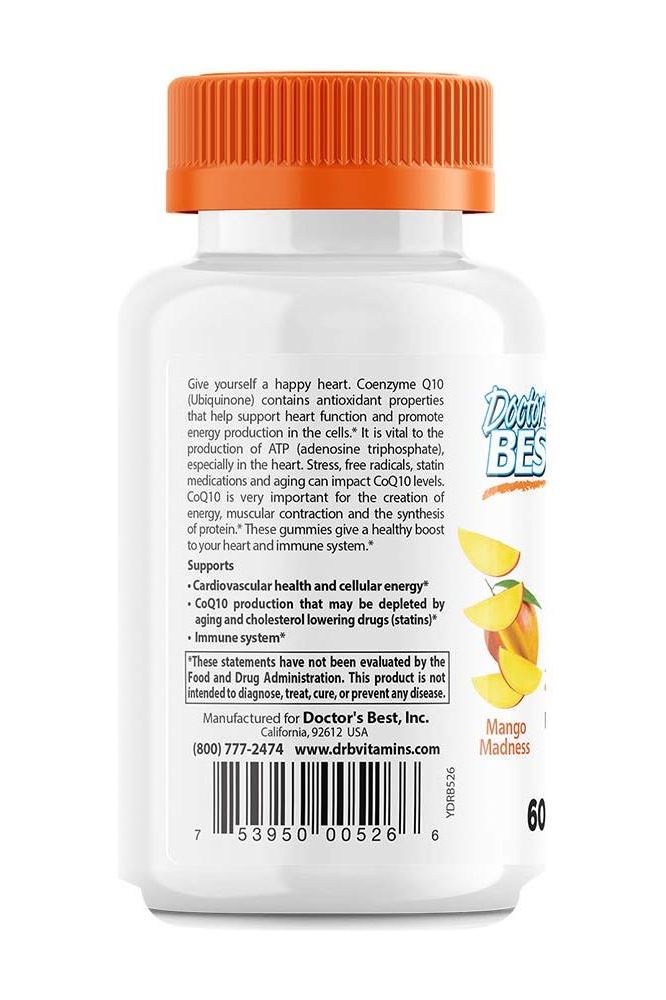 Doctor's Best CoQ10 Gummies bottle, mango flavor, supports heart health and energy production, 60 count.
