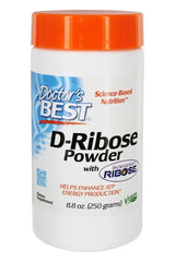 Doctor's Best D-Ribose Powder container, 250 grams, supports energy production and muscle recovery.