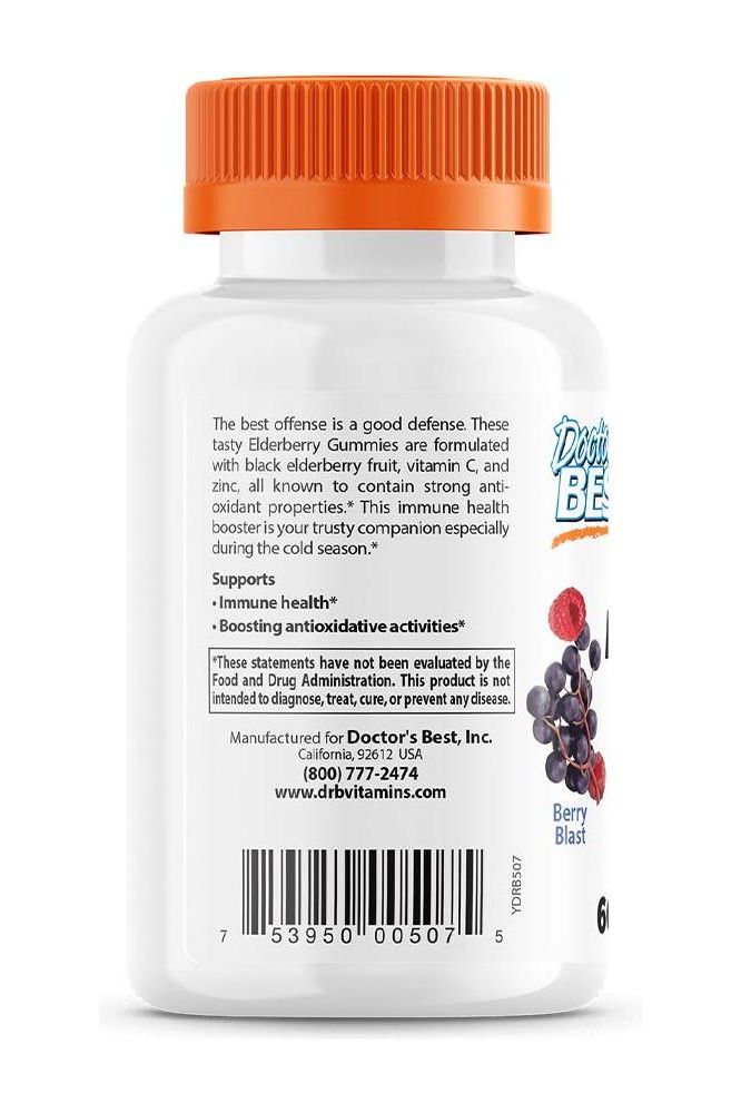 Doctor's Best Elderberry Gummies bottle with black elderberry, vitamin C, and zinc, promoting immune health.