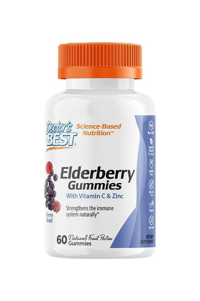 Doctor's Best Elderberry Gummies bottle with vitamin C and zinc to support immune health, 60 gummies.