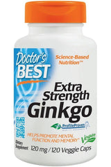 Doctor's Best Extra Strength Ginkgo bottle, promoting brain function and memory with 120 veggie caps.