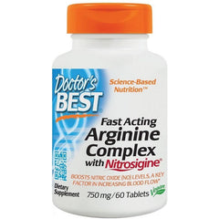 Doctor's Best Fast Acting Arginine Complex with Nitrosigine, 750mg dietary supplement, 60 tablets, boosts nitric oxide levels.