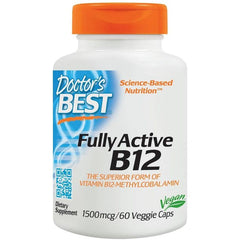 Doctor's Best Fully Active B12 supplement bottle, 1500mcg, vegan, supports memory and overall well-being.
