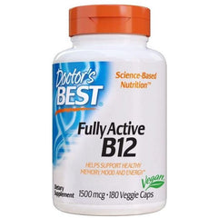 Doctor's Best Fully Active B12 supplement bottle, 1500 mcg, 180 veggie caps for memory and energy support.