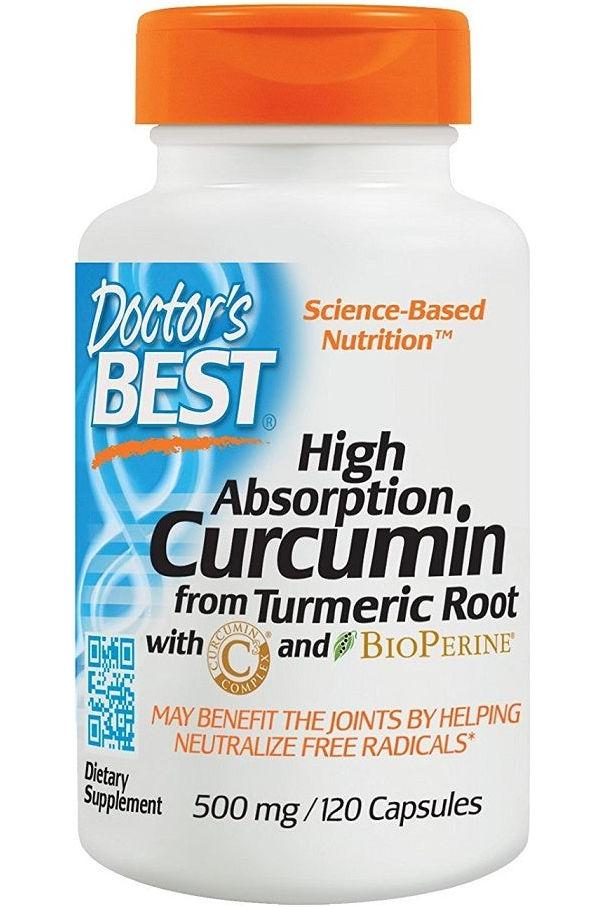 Doctor's Best High Absorption Curcumin supplement with BioPerine, 500 mg, 120 capsules for joint support and antioxidant benefits.