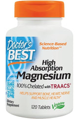 Doctor's Best High Absorption Magnesium bottle, vegan dietary supplement for muscle relaxation and sleep support.
