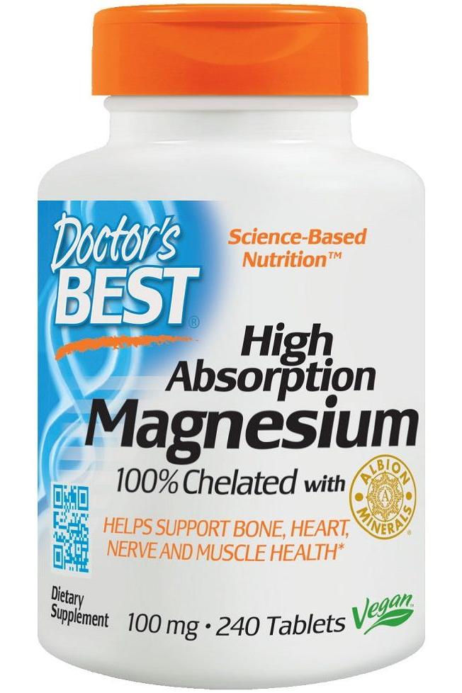 Doctor's Best High Absorption Magnesium supplement bottle, 100% chelated, supports muscle relaxation and sleep.