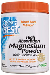Doctor's Best High Absorption Magnesium Powder, 200 grams, supports muscle relaxation and overall health.