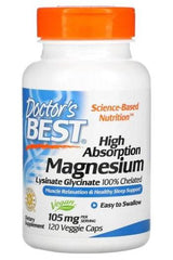 Doctor's Best High Absorption Magnesium supplement bottle for muscle relaxation and sleep support.