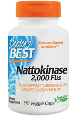 Doctor's Best Nattokinase supplement bottle, promoting cardiovascular and circulatory health, 90 vegan capsules.