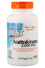 Doctor's Best Nattokinase dietary supplement bottle for cardiovascular and circulatory health, featuring 270 vegan veggie caps.
