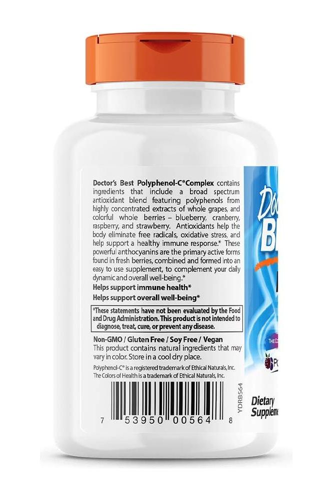 Doctor's Best Polyphenol-C Complex supplement bottle, 90 veggie capsules for immune support and overall wellness.