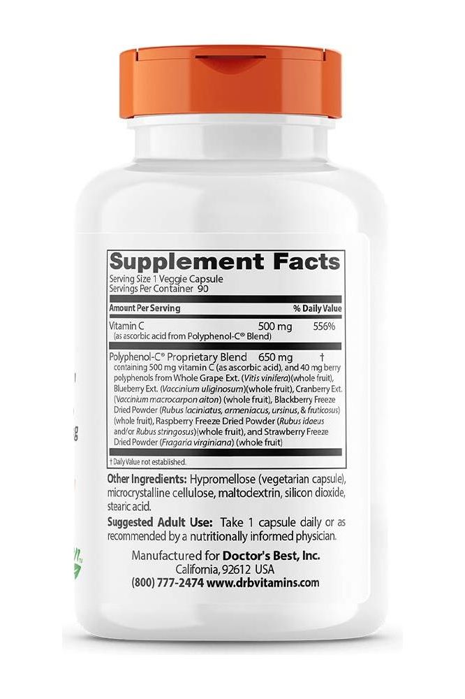 Supplement facts label for Doctor's Best Polyphenol-C Complex with Vitamin C, 90 veggie capsules.