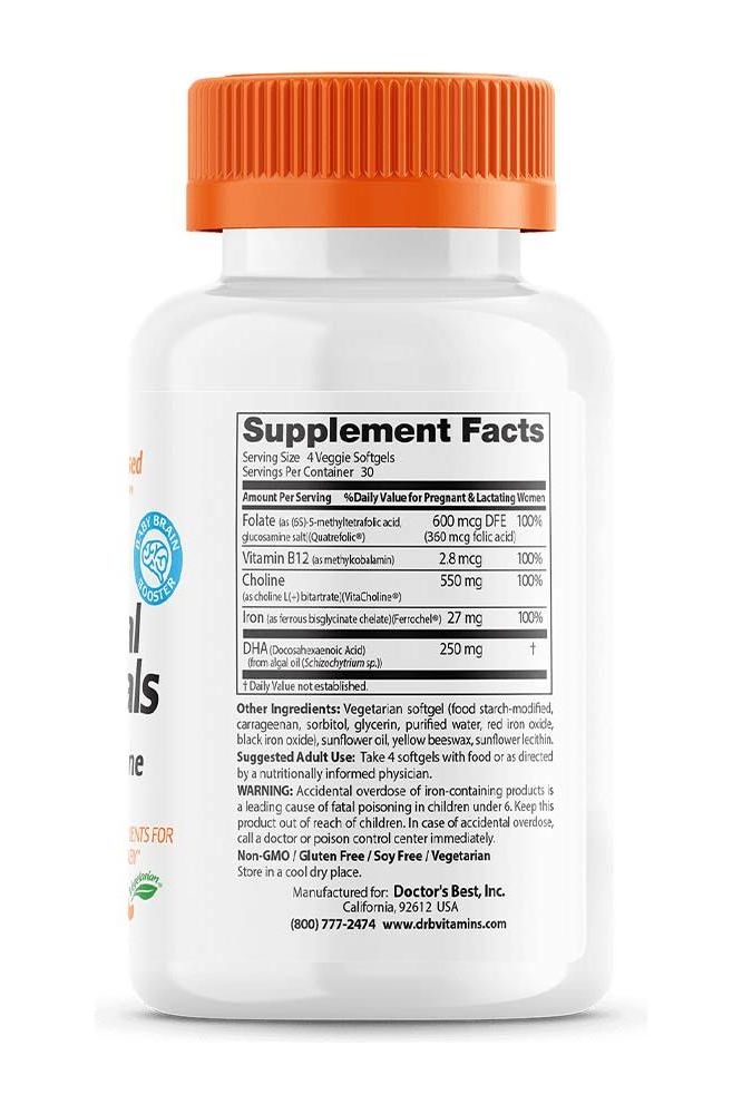 Doctor's Best Prenatal Essentials supplement facts showing nutrition information on veggie softgels for pregnant women.