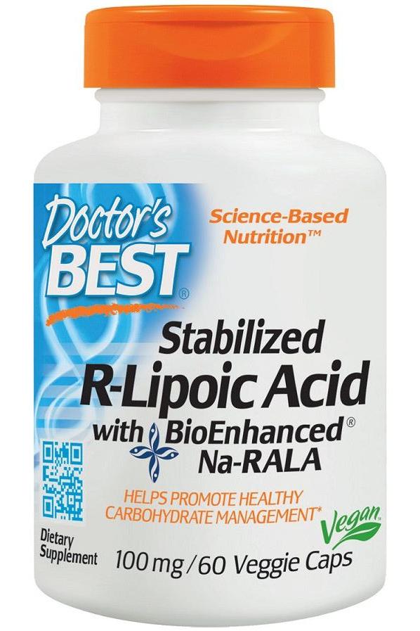 Doctor's Best Stabilized R-Lipoic Acid with BioEnhanced Na-RALA supplement bottle, 100mg, 60 Veggie Caps, supports carbohydrate metabolism.