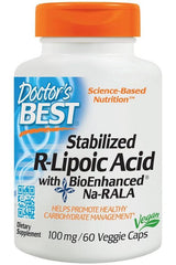 Doctor's Best Stabilized R-Lipoic Acid with BioEnhanced Na-RALA supplement bottle, 100mg, 60 Veggie Caps, supports carbohydrate metabolism.