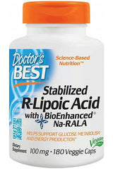 Doctor's Best Stabilized R-Lipoic Acid 100 mg with BioEnhanced Na-RALA, 180 vegan caps for glucose metabolism support.