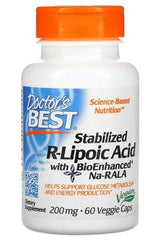 Doctor's Best Stabilized R-Lipoic Acid 200mg dietary supplement, supporting metabolism and antioxidants in 60 veggie caps.
