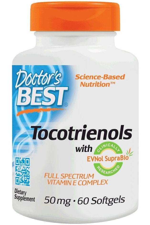 Doctor's Best Tocotrienols supplement bottle, 50mg, 60 softgels for vitamin E complex.