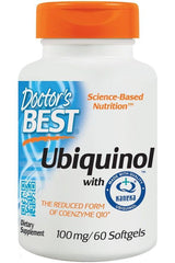 Doctor's Best Ubiquinol with Kaneka QH supplement bottle, promotes heart function and cellular energy.