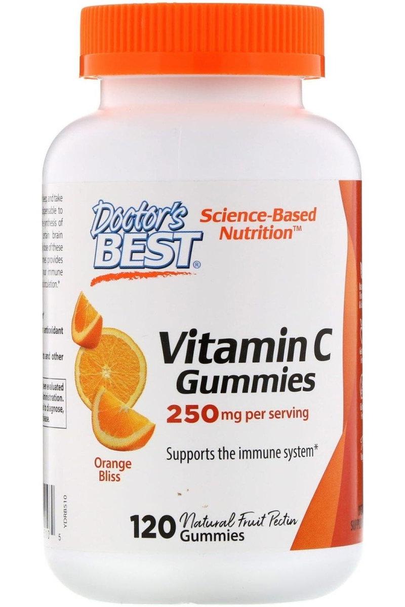 Doctor's Best Vitamin C 250 mg gummies, Orange Bliss, 120 natural fruit pectin gummies for immune support.