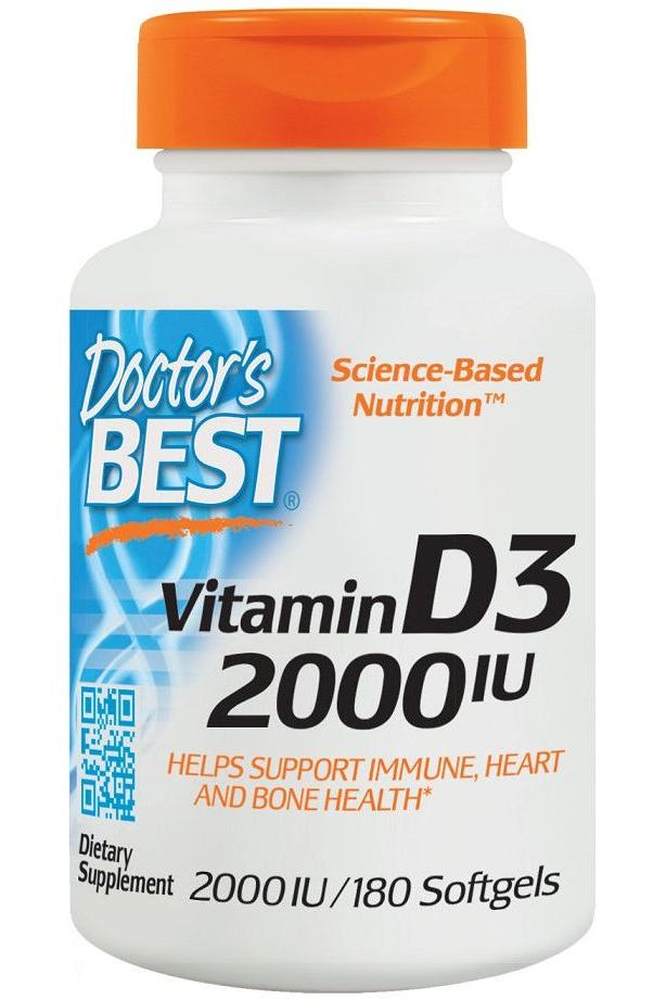 Doctor's Best Vitamin D3 dietary supplement bottle with 2000 IU and benefits for immune, heart, and bone health.