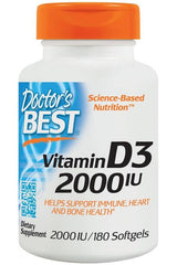 Doctor's Best Vitamin D3 dietary supplement bottle with 2000 IU and benefits for immune, heart, and bone health.