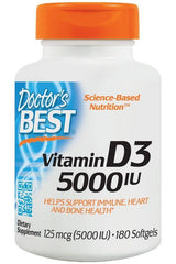 Doctor's Best Vitamin D3 5000 IU supplement bottle, supports immune, heart, and bone health.