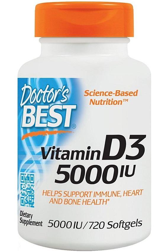 Doctor's Best Vitamin D3 5000 IU supplement bottle for immune and bone health support.