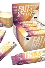 Dorian Yates Fat Off! Whey Protein Bar box and individual bars featuring low sugar and high protein content.