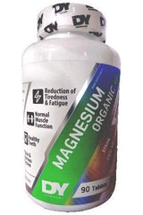 Dorian Yates Magnesium Organic supplement bottle with 90 tablets for reducing fatigue and supporting muscle function.