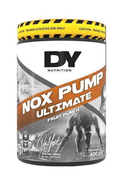 Dorian Yates NOX Pump Ultimate 400g fruit punch pre-workout supplement for intense training.