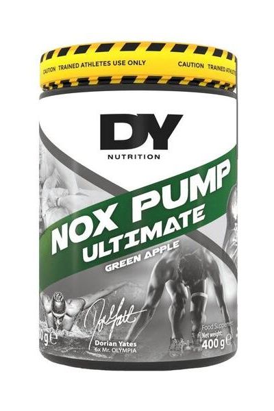 Dorian Yates NOX Pump Ultimate 400g Green Apple flavor pre-workout supplement for increased energy and endurance.
