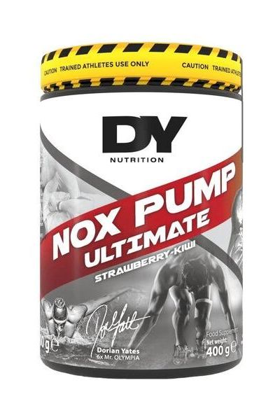 Dorian Yates Nox Pump Ultimate 400g, strawberry-kiwi flavor, pre-workout supplement for enhanced performance.