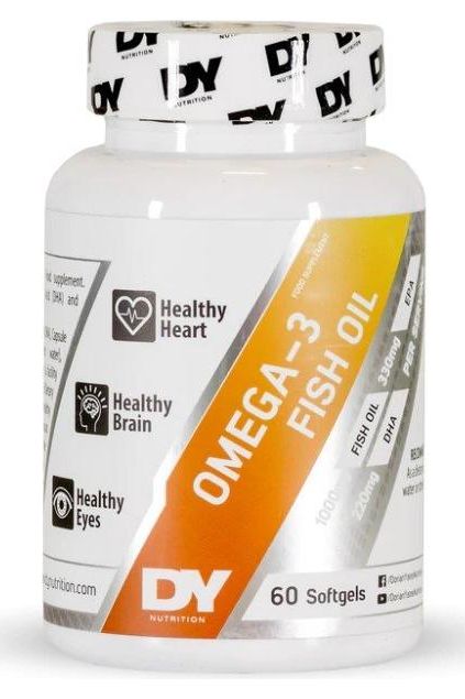 Dorian Yates Omega 3 Fish Oil 60 softgels bottle promoting heart, brain, and eye health.