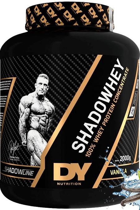 Dorian Yates ShadowWhey protein concentrate tub, 2000g, vanilla flavor, ideal for post-workout recovery.