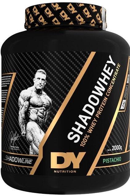 Dorian Yates ShadoWhey protein concentrate jar in pistachio flavor, 2000g, high-quality whey protein supplement.