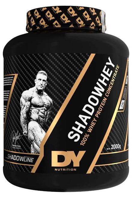 Dorian Yates Shadowwhey 100% Whey Protein Concentrate in black container with nutrition label.