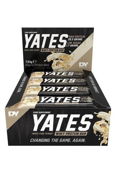 Dorian Yates Yates Protein Bar box featuring 12 x 60g bars, high protein and low calorie snack.