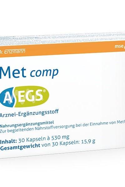 Dr. Enzmann AEGS Met Comp supplement packaging, 30 capsules for energy metabolism support.