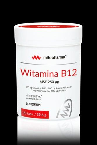 Dr. Enzmann MSE Vitamin B12 250 µg supplement jar with nutrients for energy and metabolism support.