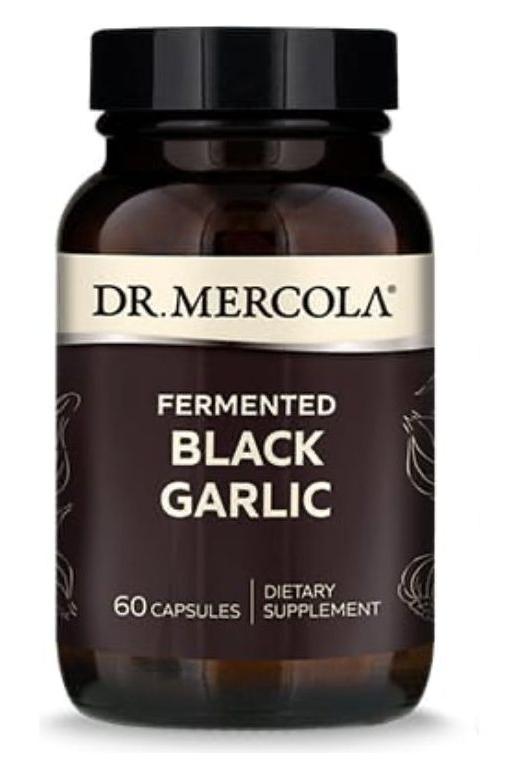Dr. Mercola Fermented Black Garlic bottle (60 capsules) - dietary supplement with health benefits.