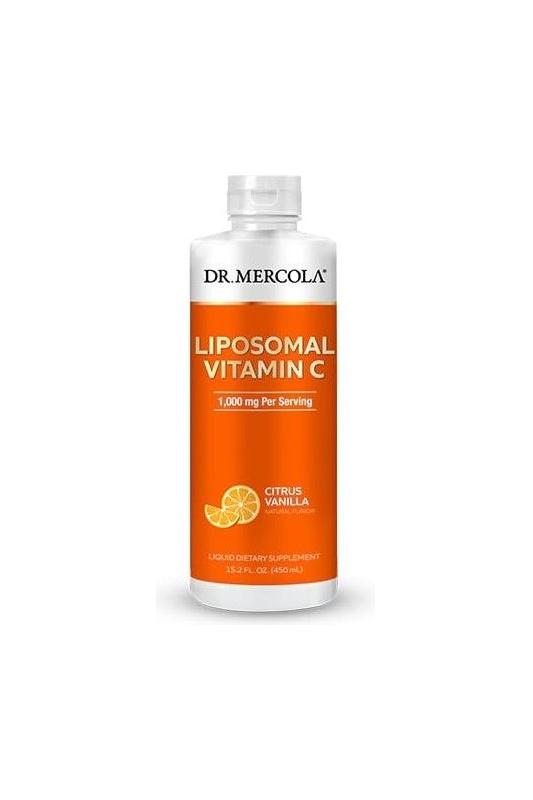 Dr. Mercola Liposomal Vitamin C liquid supplement with citrus vanilla flavor, 1000 mg per serving, in a bright orange bottle.