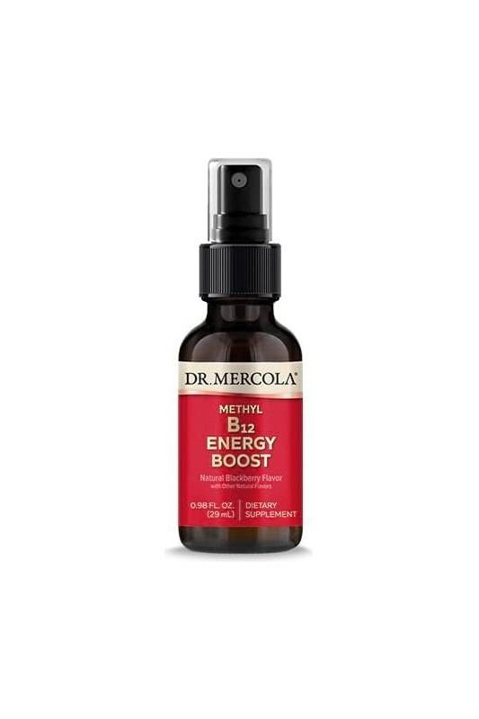 Dr. Mercola Methyl B12 Energy Boost supplement in a spray bottle, promoting energy and nerve health.